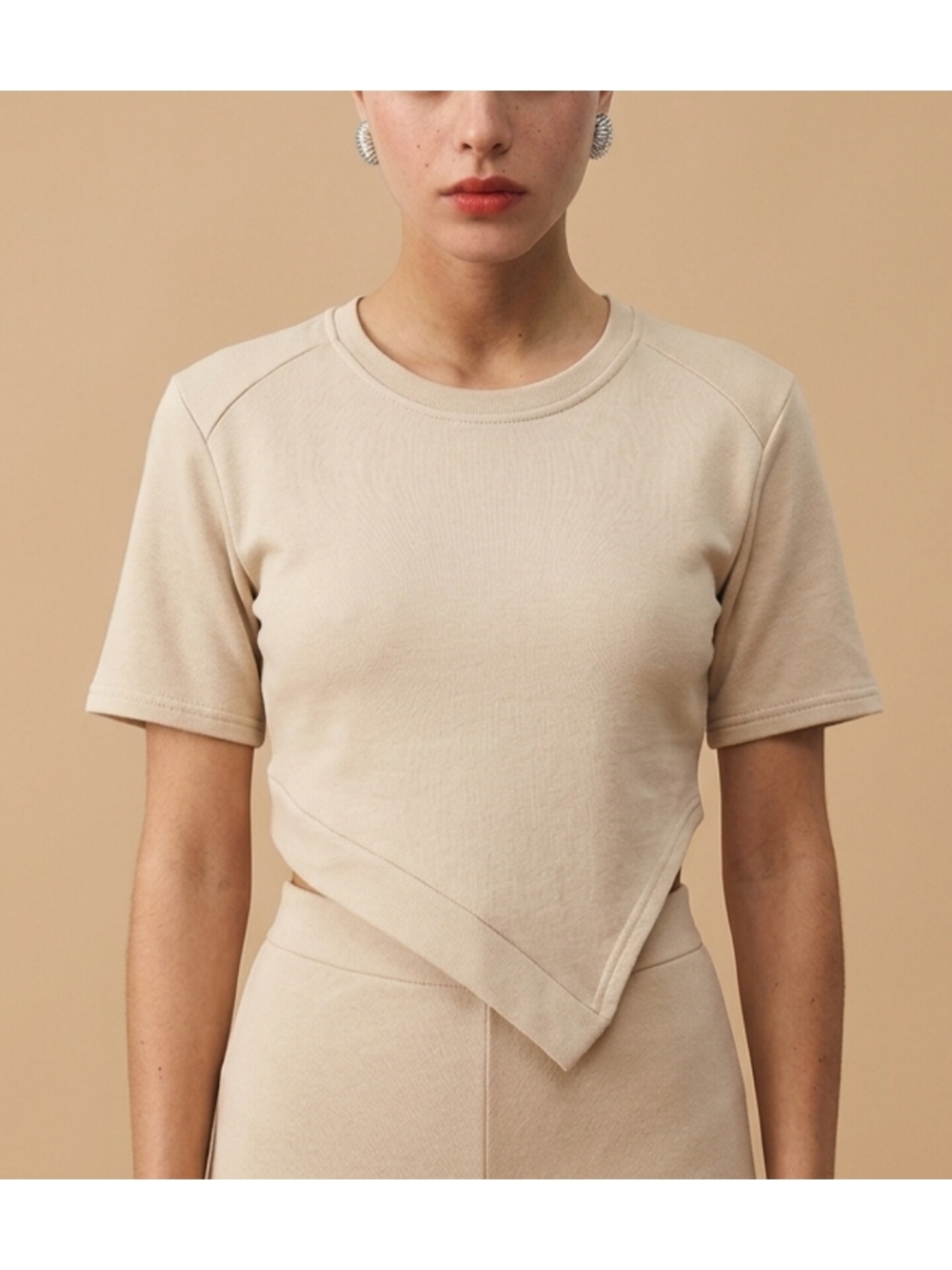 Beige Asymmetric Crewneck Crop Top